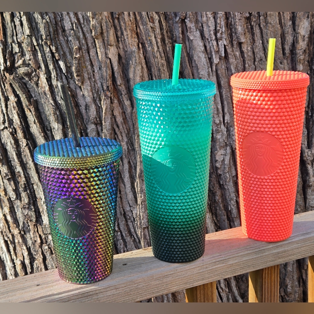 Set Of 3 Starbucks Tumblers Oil Slick Ombre Dragonfruit 16oz‎ 24oz Cold Cup
